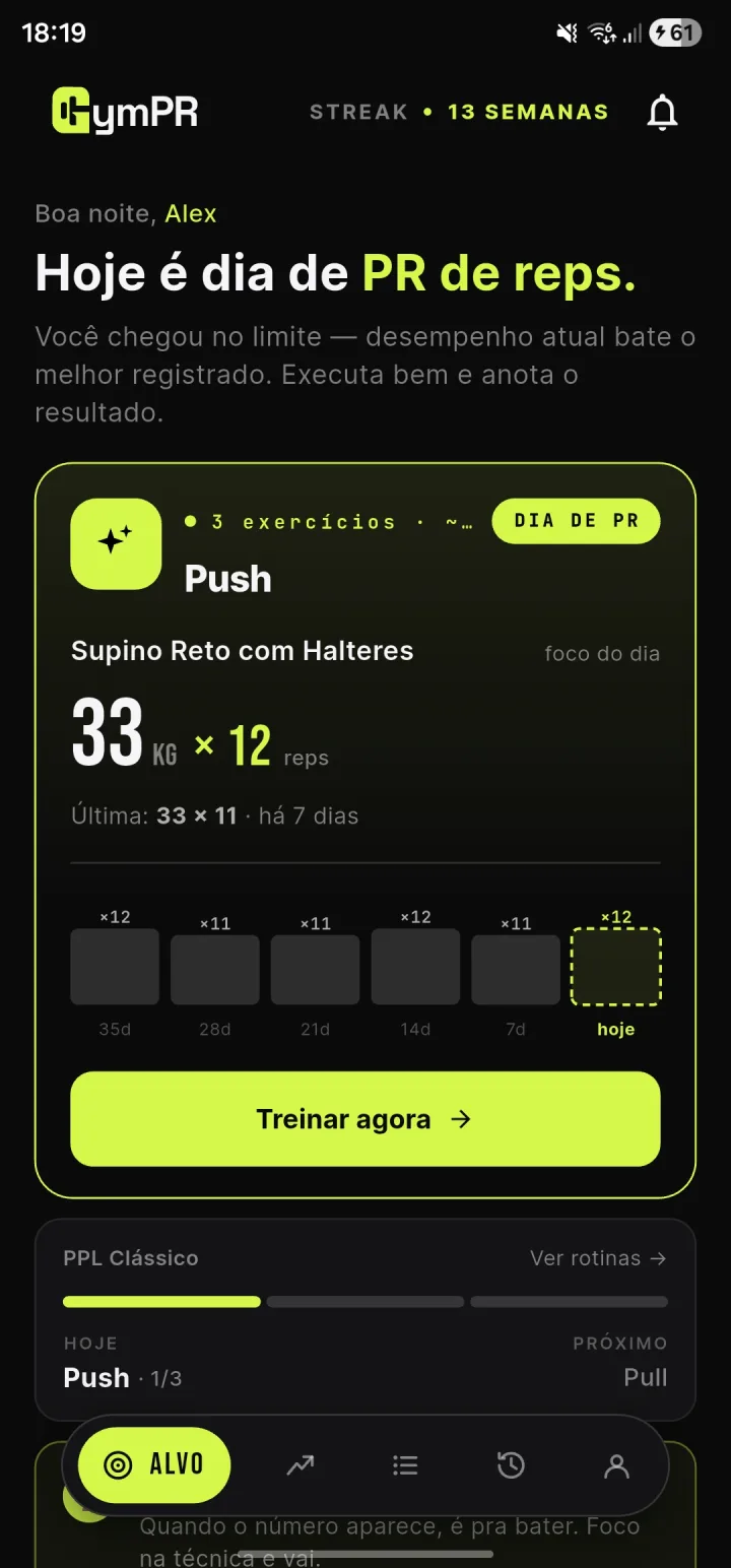Tela inicial do GymPR mostrando o treino do dia